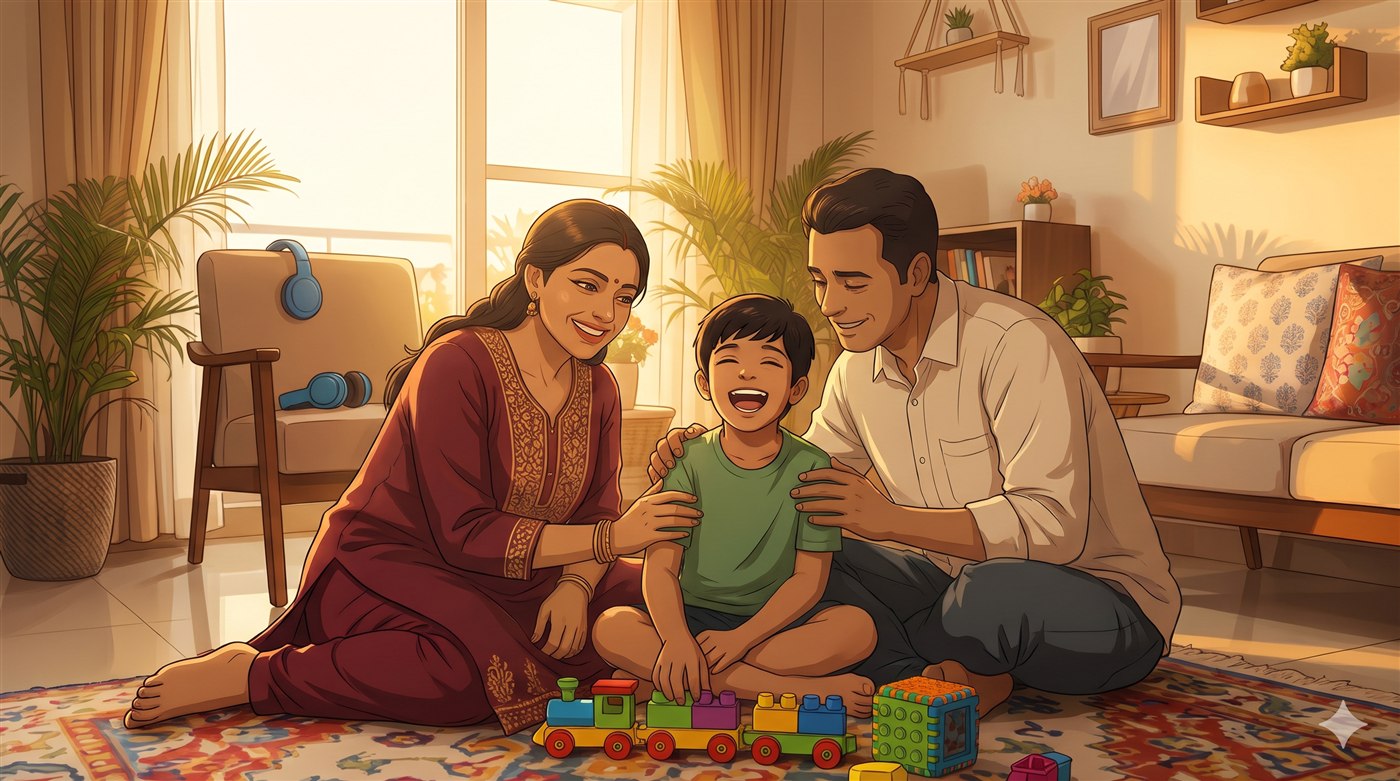 A mother in a maroon sari and a father sit on a rug with their laughing son, who is playing with a colourful toy train; a pair of headphones rests on a chair behind them.